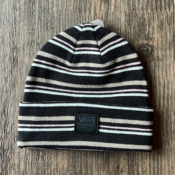 Vans Accessories - Vans “Cuff” Beanie. The beanie is black w/tan & pink stripe & Vans patch. NWT